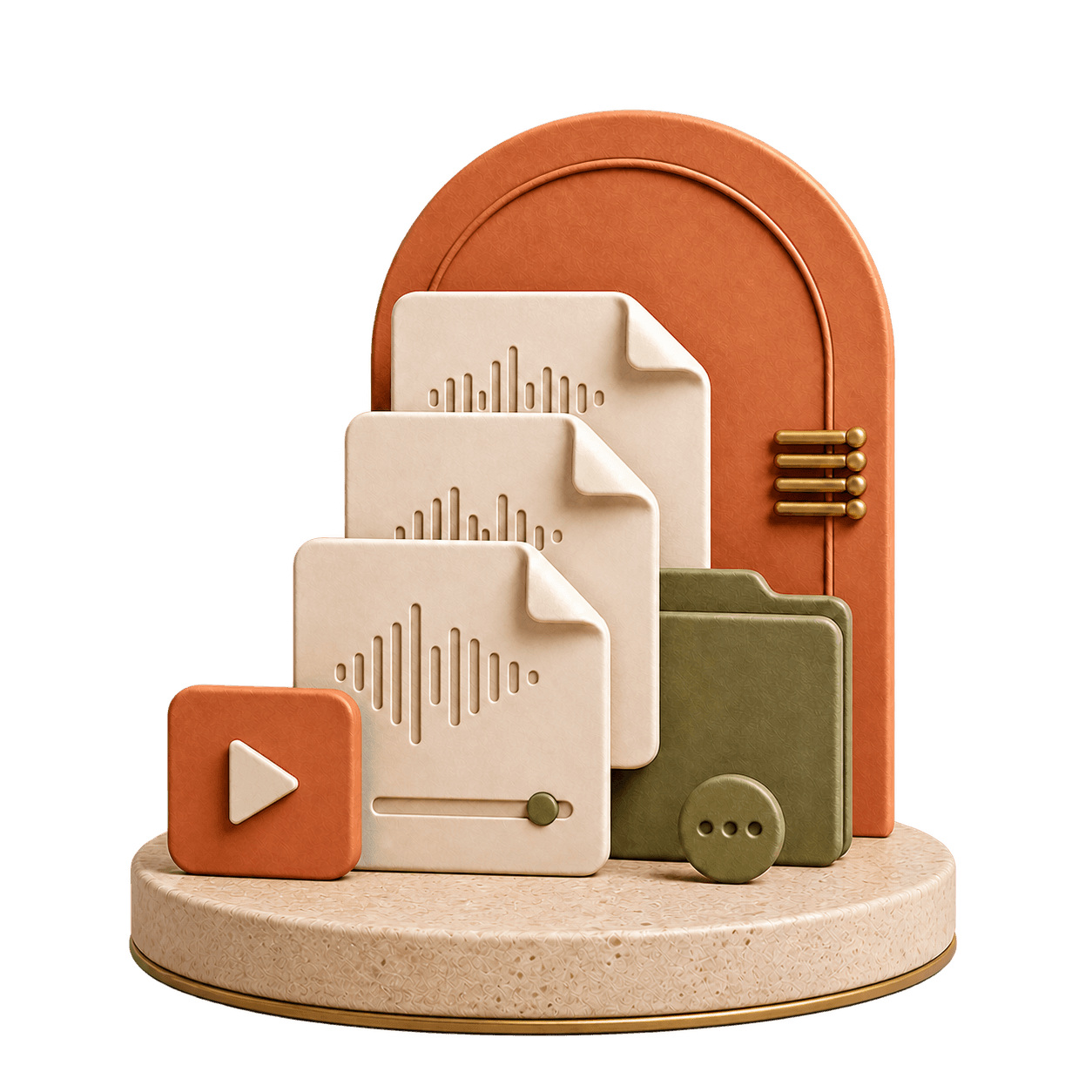 A tactile queue of waveform documents, video tile and media folder