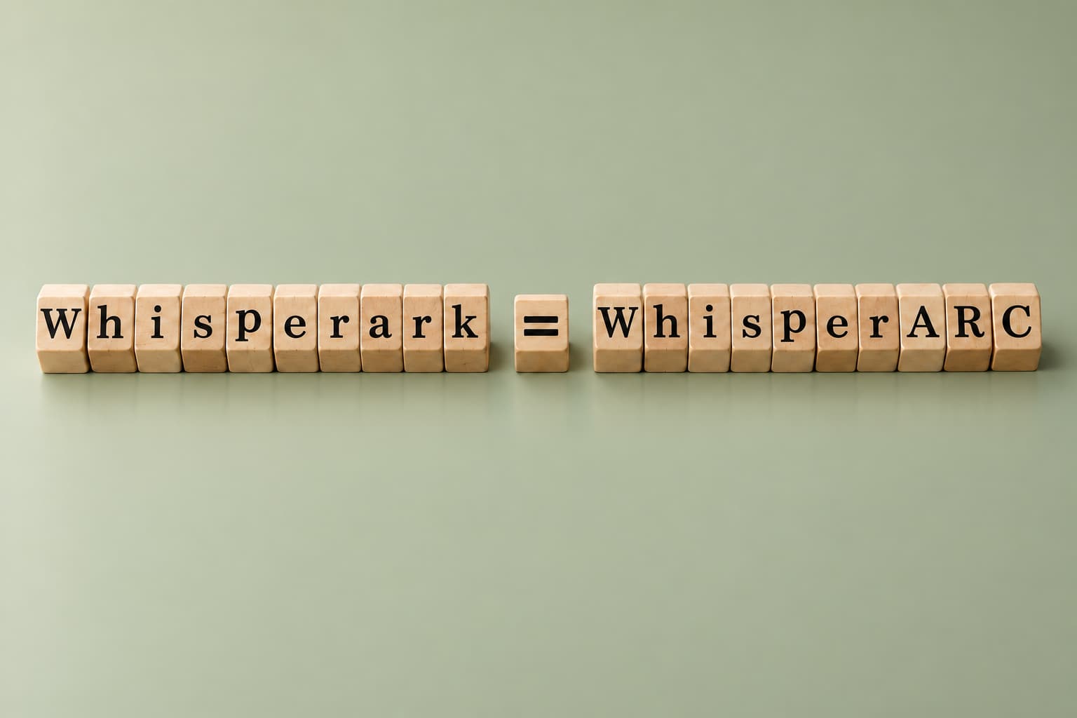 Wooden letter cubes spelling Whisperark = WhisperARC on a smooth pale sage background