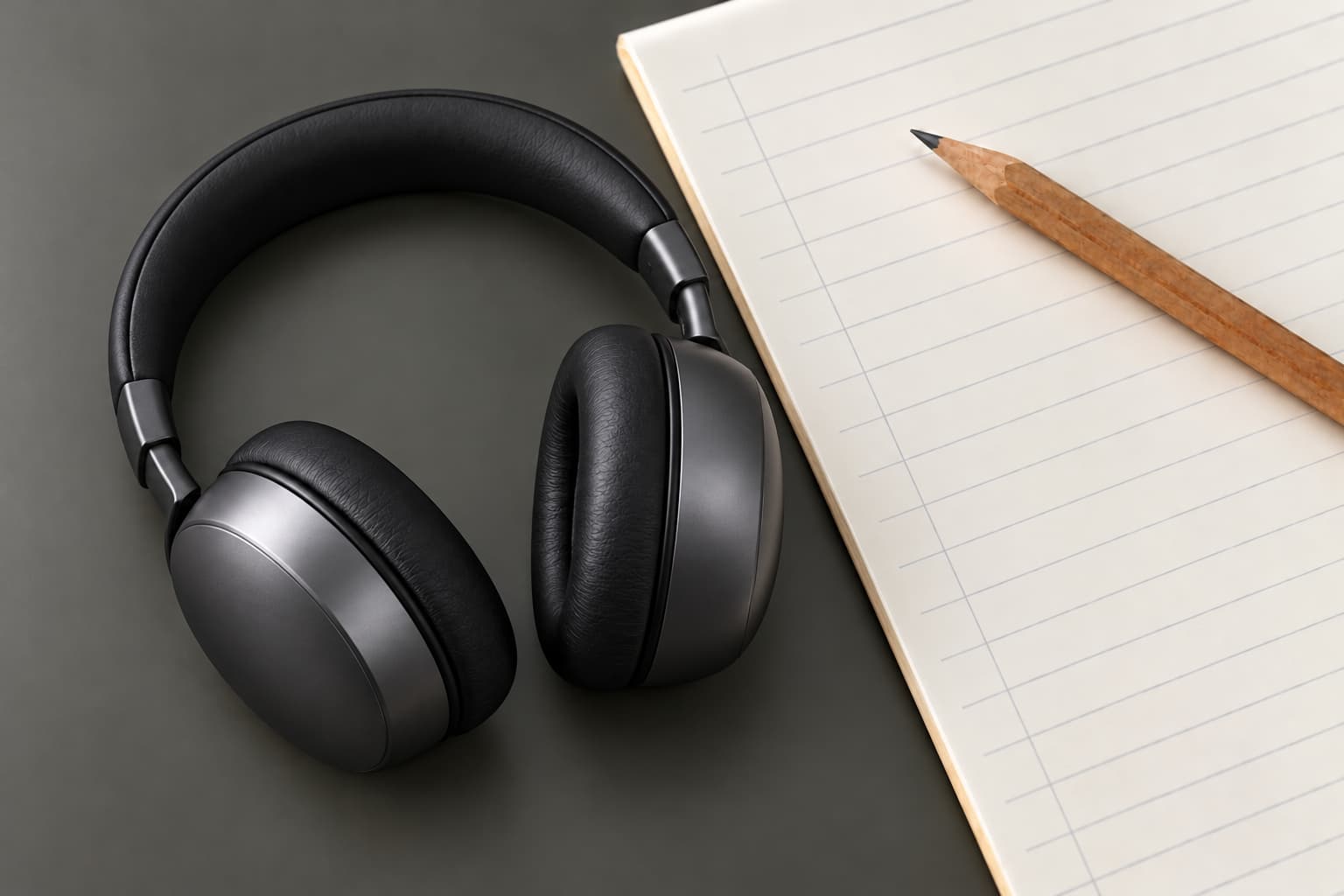 Graphite over-ear headphones beside an ivory notebook and wooden pencil on a smooth grey surface
