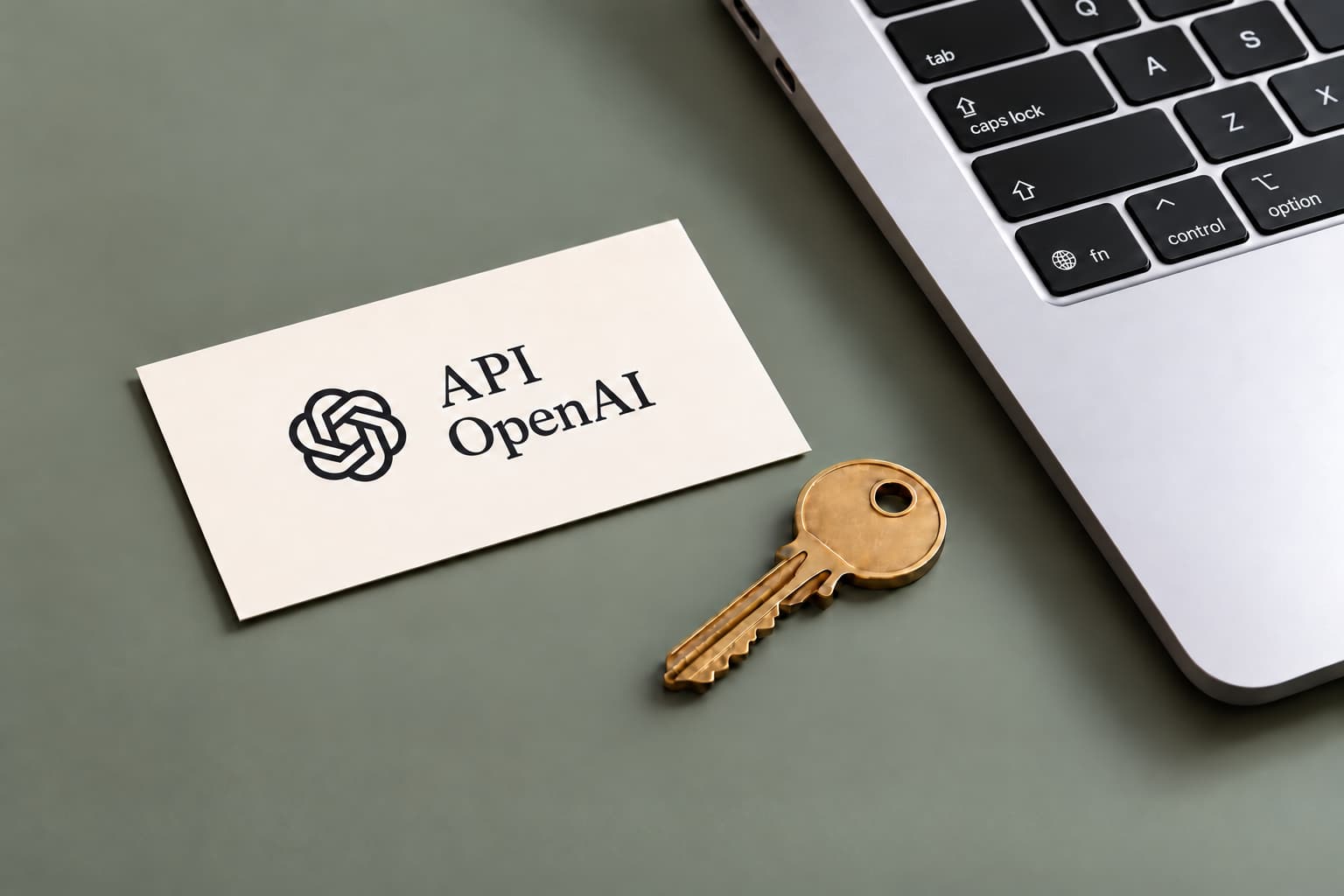 A card marked API OpenAI with the OpenAI logo, a brass key and a silver laptop on a smooth sage-grey surface