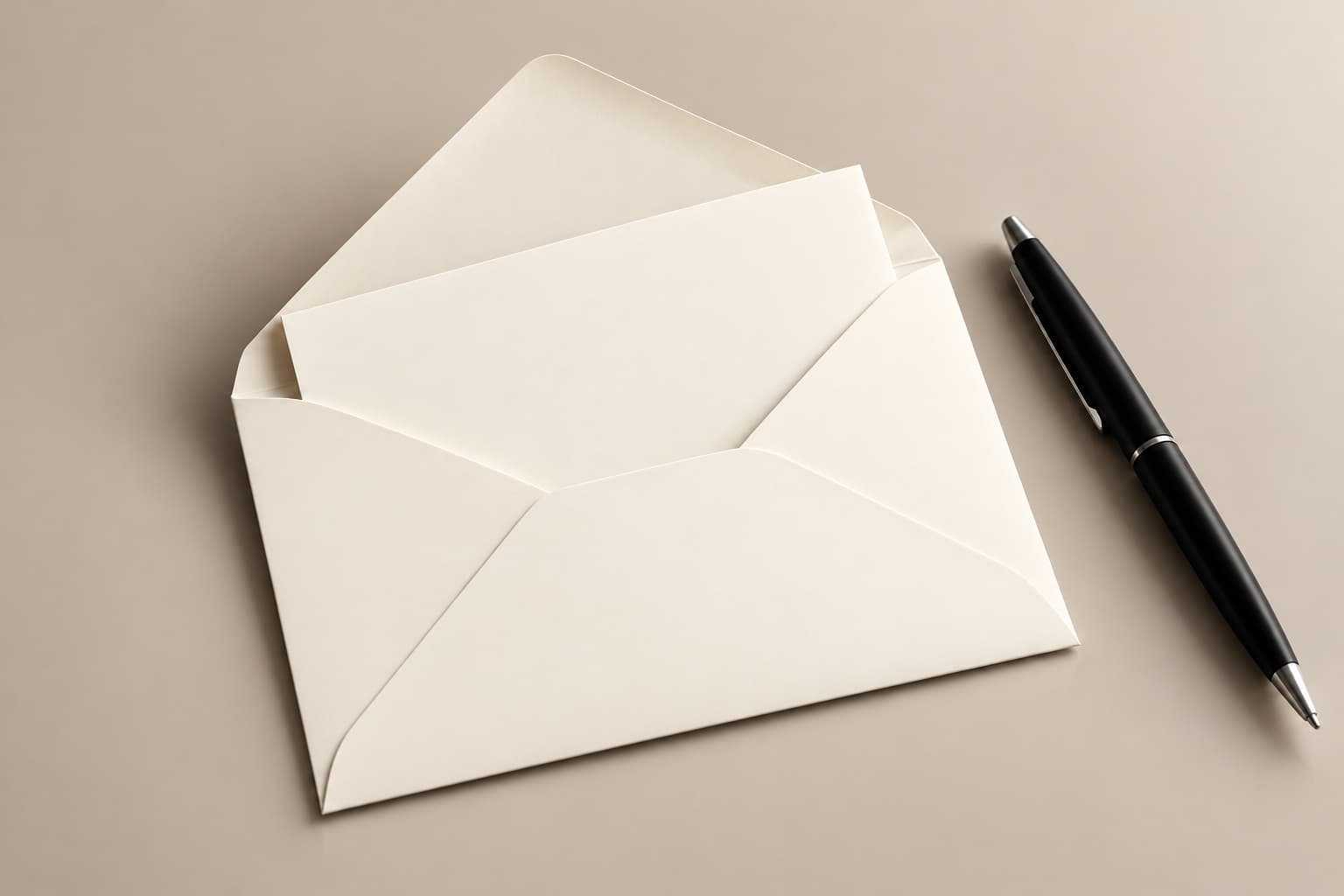 An open ivory envelope with a blank letter and a black pen on a smooth champagne-grey surface