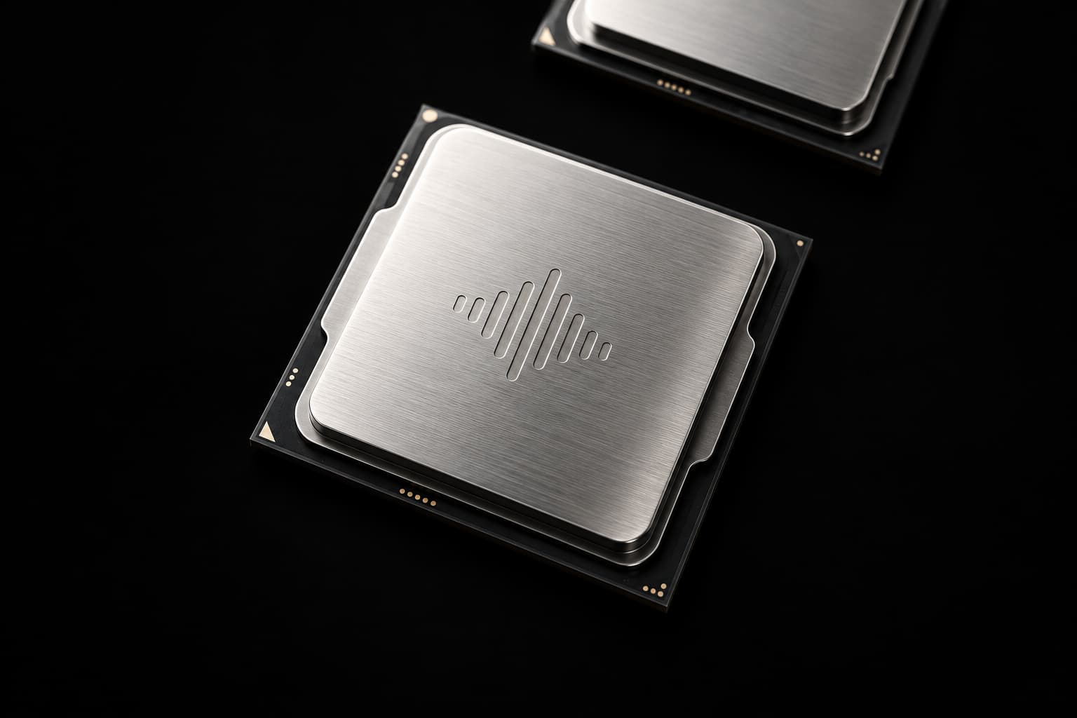 Silver processors with a small engraved audio waveform against a smooth black background