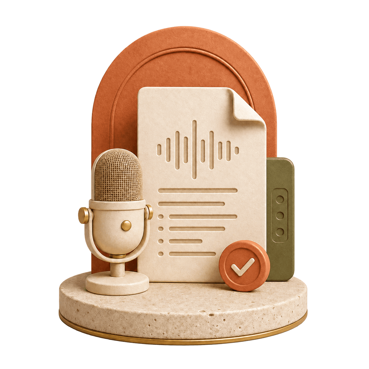 A tactile microphone, transcript document, setup panel and completion badge