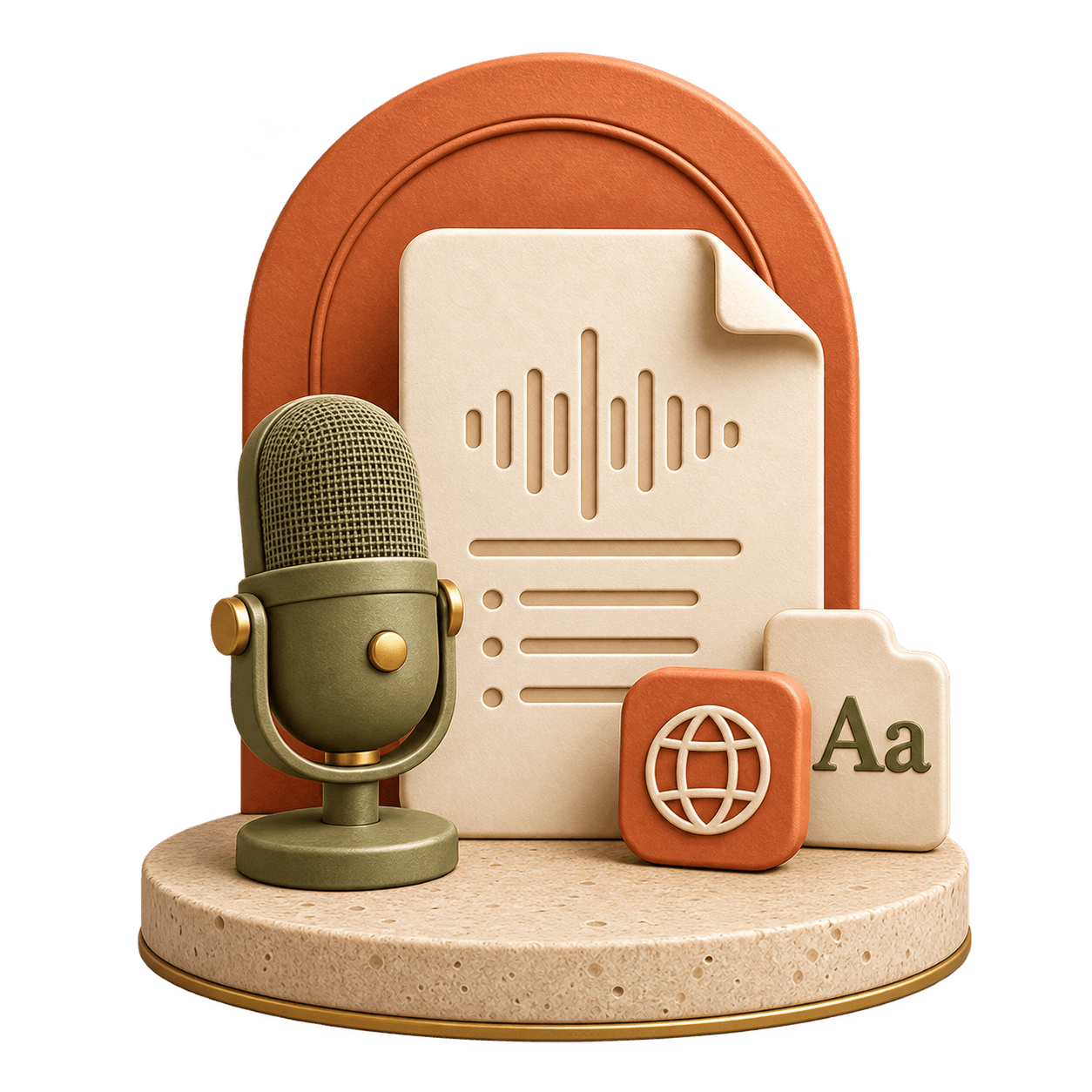 A tactile microphone, transcript, translation control and custom spelling tab